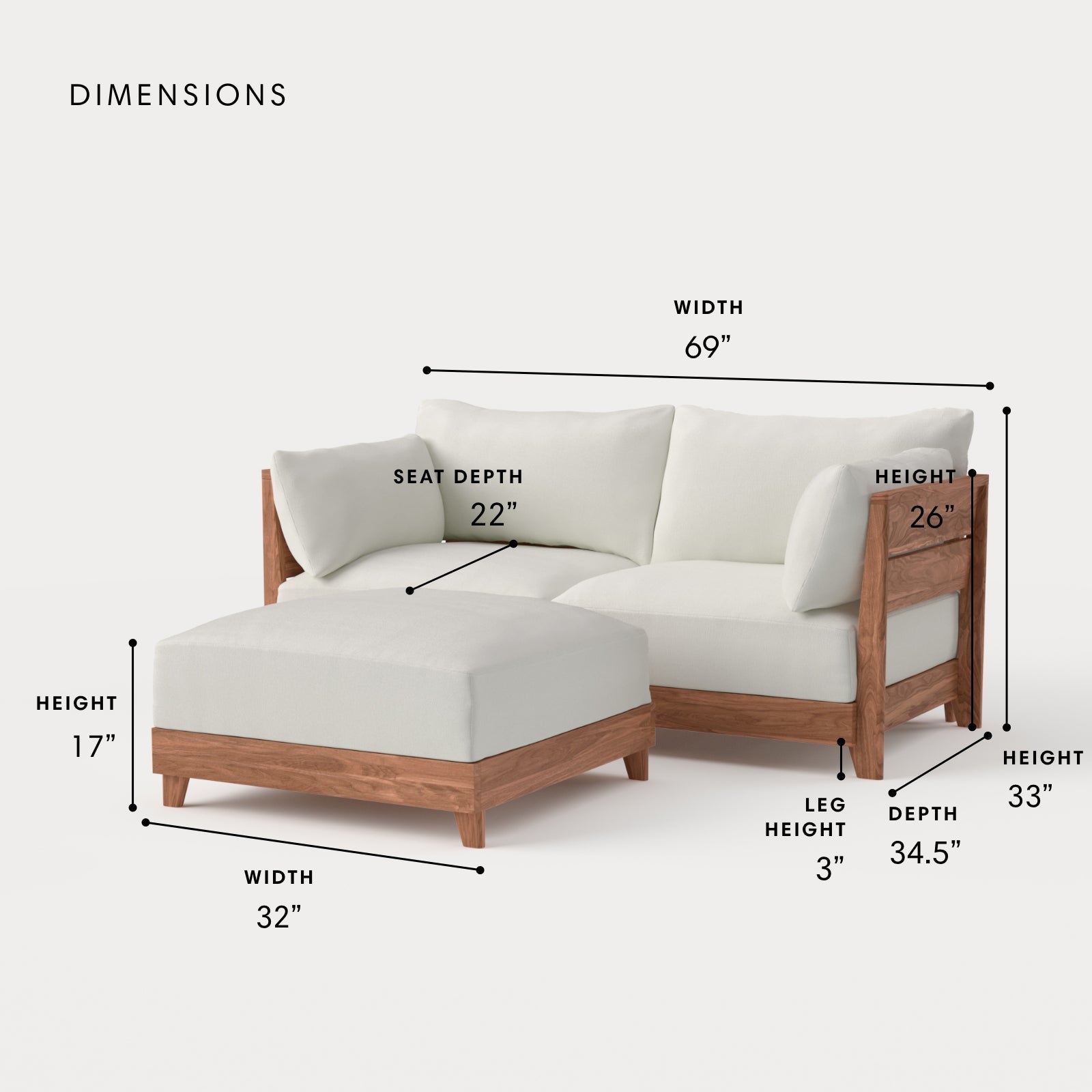 Dwell™ Modular Teak Outdoor Loveseat + Ottoman | Classic Canvas in Cloud