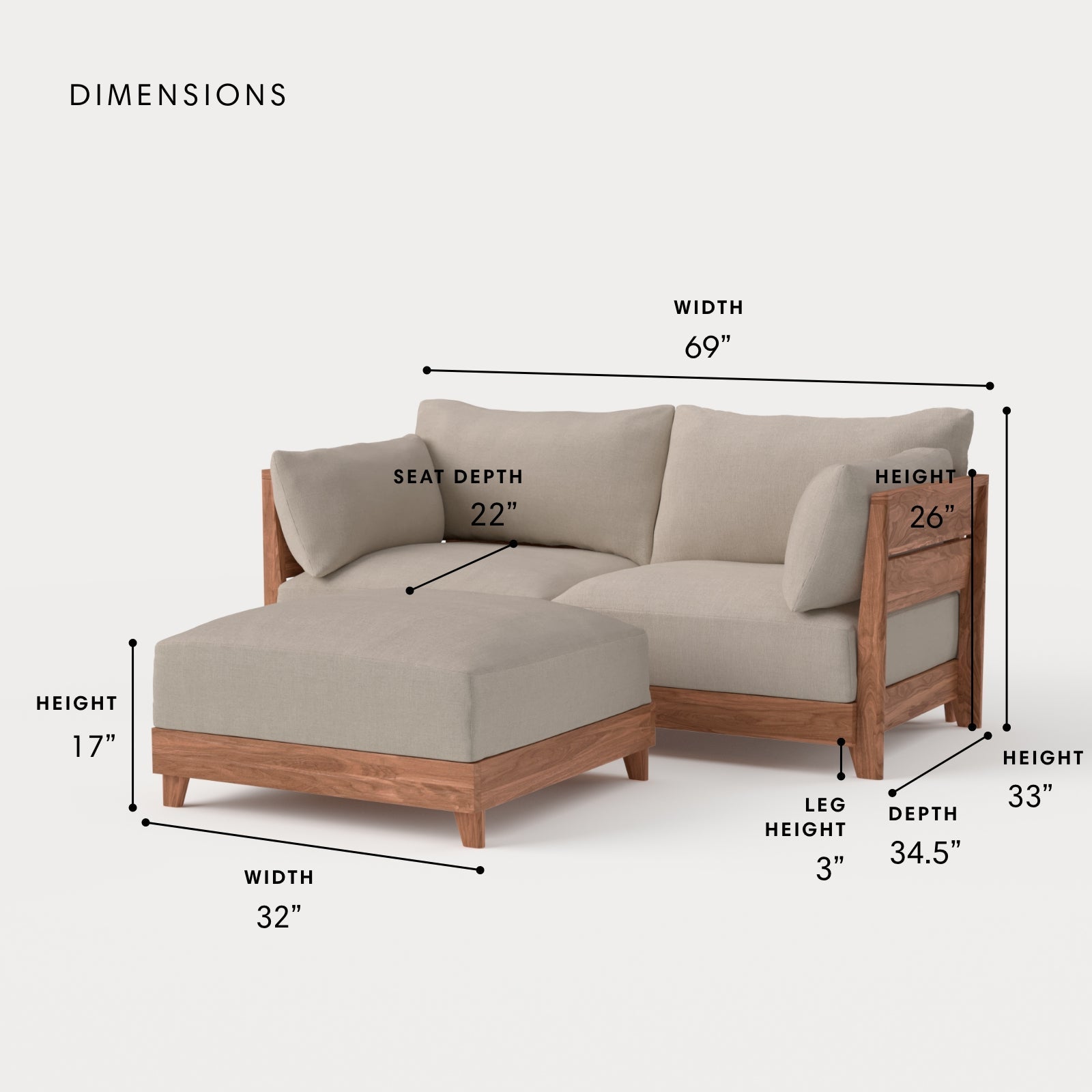 Dwell™ Modular Teak Outdoor Loveseat + Ottoman | Classic Canvas in Sand