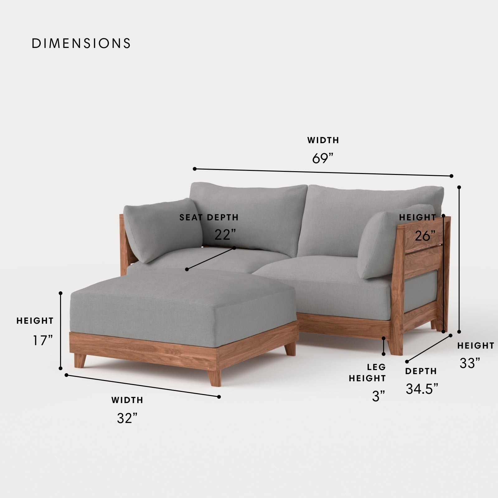 Dwell™ Modular Teak Outdoor Loveseat + Ottoman | Classic Canvas in Stone Gray