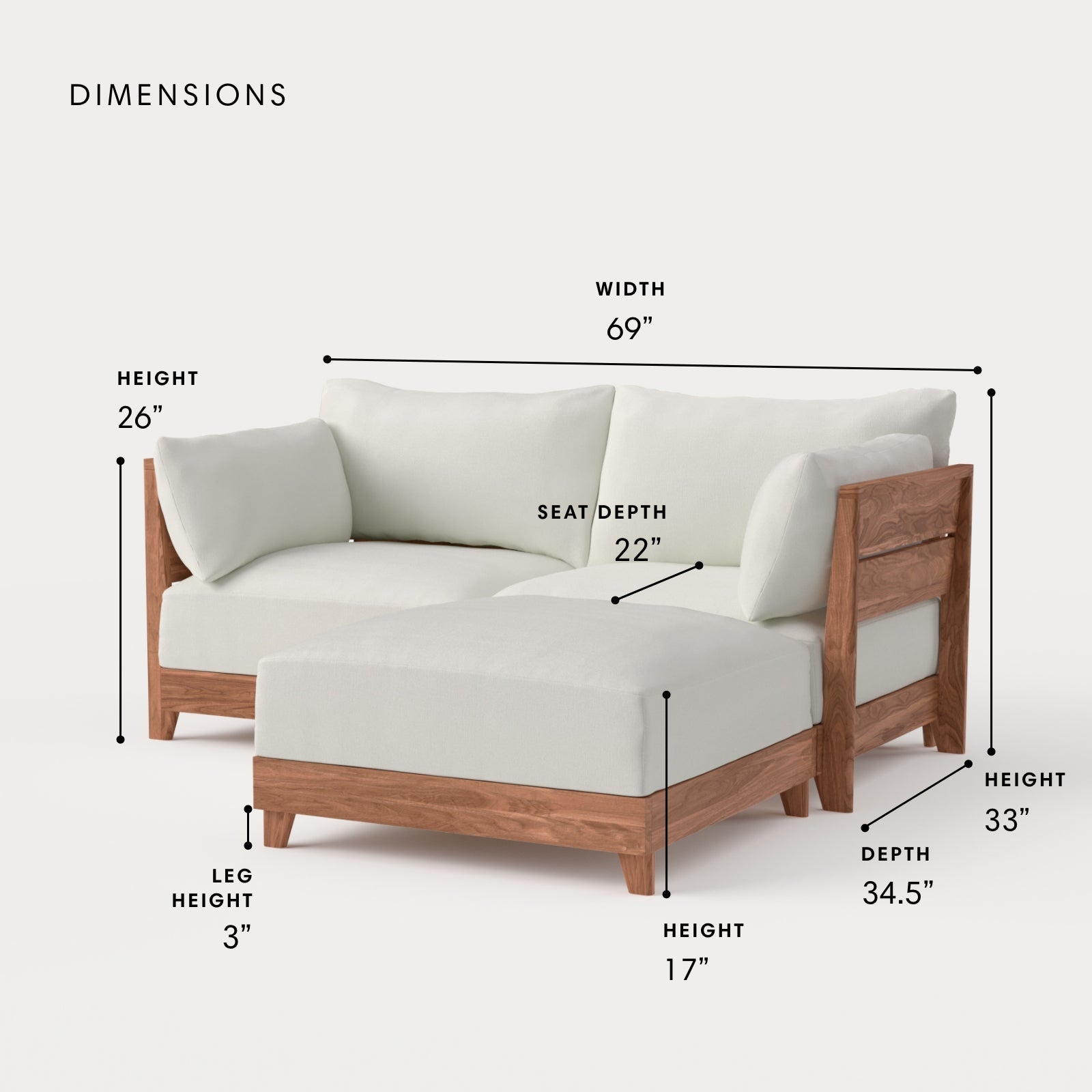 Dwell™ Modular Teak Outdoor Loveseat Sectional | Classic Canvas in Cloud