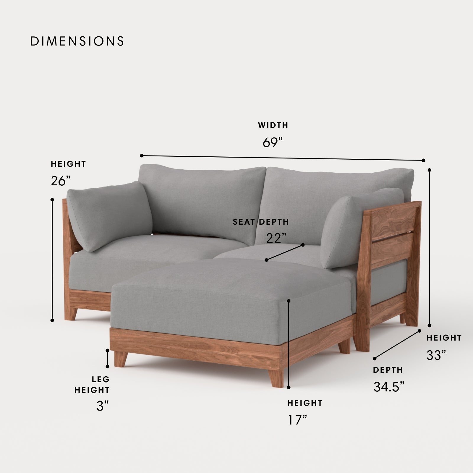 Dwell™ Modular Teak Outdoor Loveseat Sectional | Classic Canvas in Stone Gray