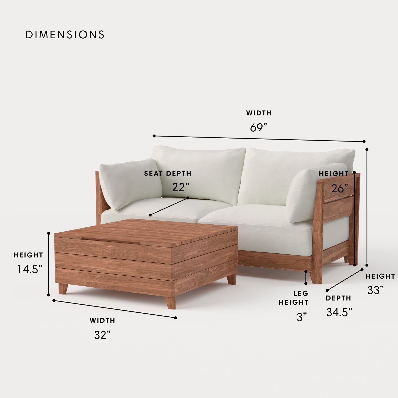 Dwell™ Modular Teak Outdoor Loveseat  + Storage Coffee Table | Classic Canvas in Cloud