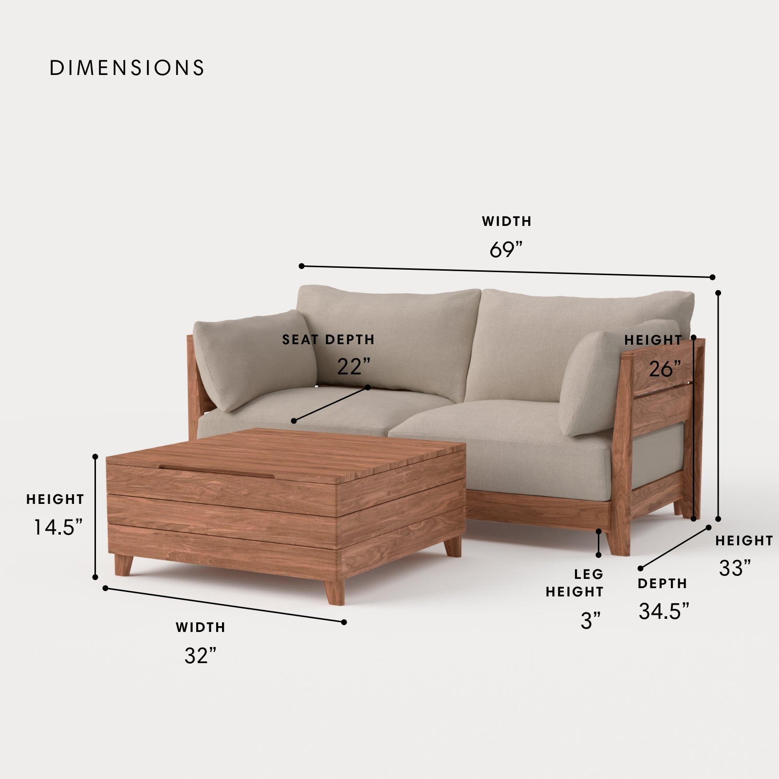 Dwell™ Modular Teak Outdoor Loveseat  + Storage Coffee Table | Classic Canvas in Sand