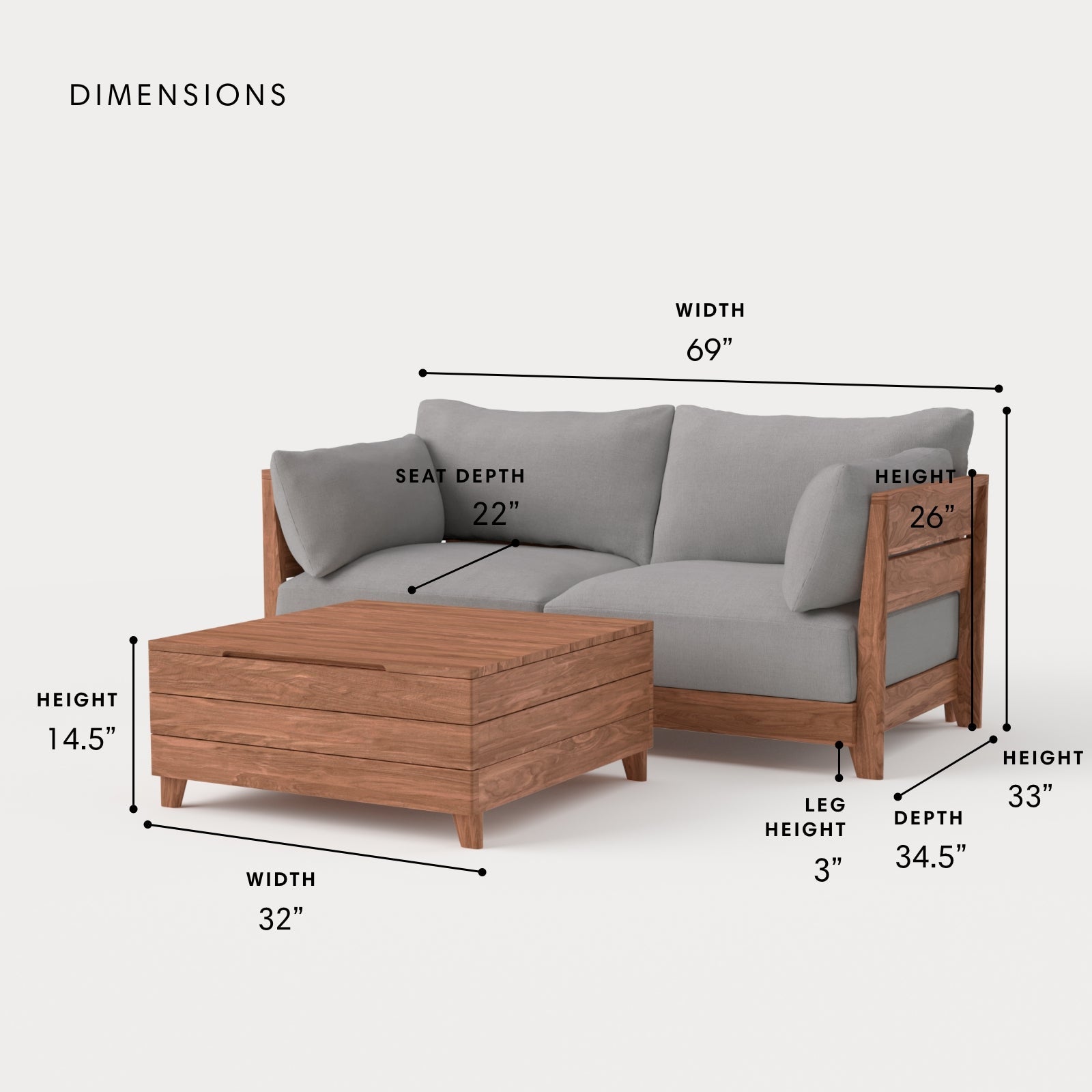 Dwell™ Modular Teak Outdoor Loveseat  + Storage Coffee Table | Classic Canvas in Stone Gray