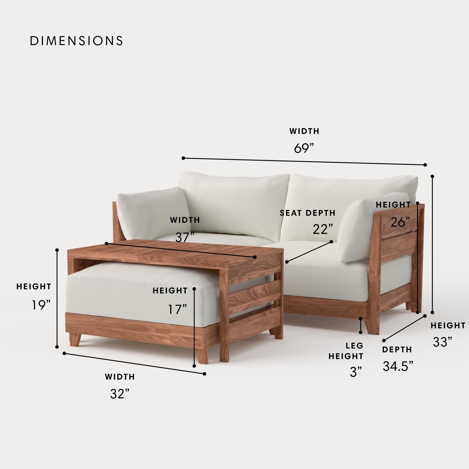 Dwell™ Modular Teak Outdoor Loveseat with Ottoman + Side Table | Classic Canvas in Cloud