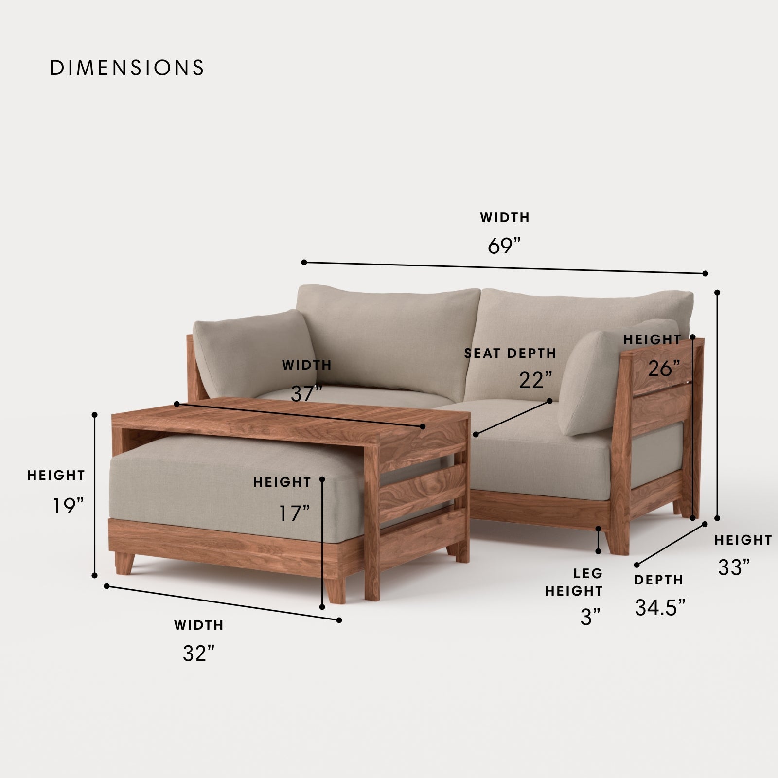 Dwell™ Modular Teak Outdoor Loveseat with Ottoman + Side Table | Classic Canvas in Sand
