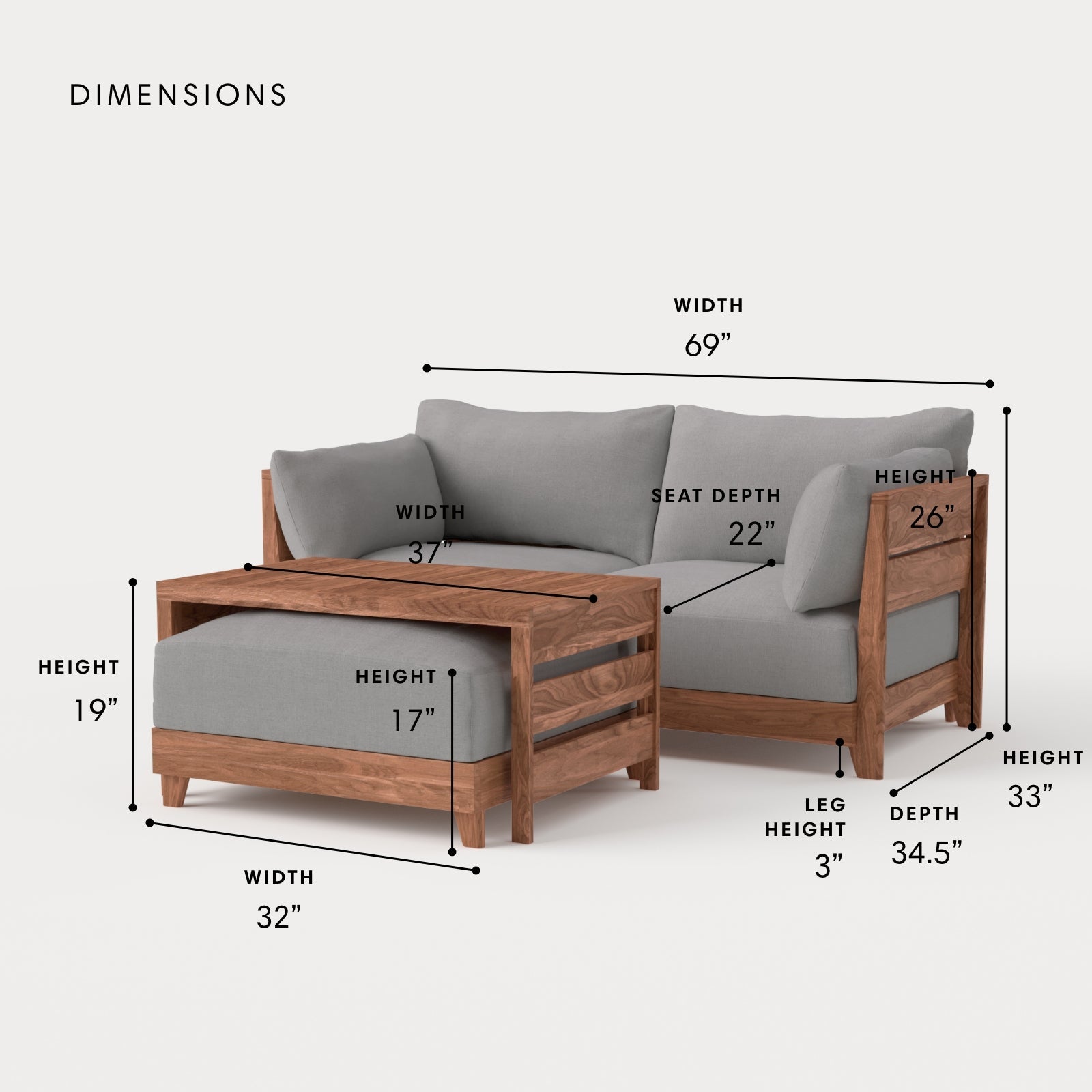 Dwell™ Modular Teak Outdoor Loveseat with Ottoman + Side Table | Classic Canvas in Stone Gray