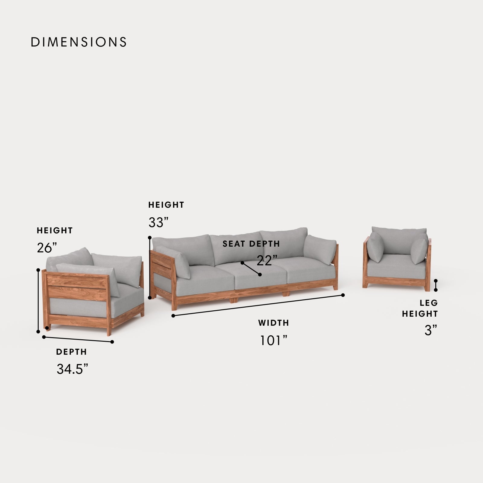 Dwell™ Modular Teak Outdoor Sofa + Armchair Set | Classic Canvas in Stone Gray