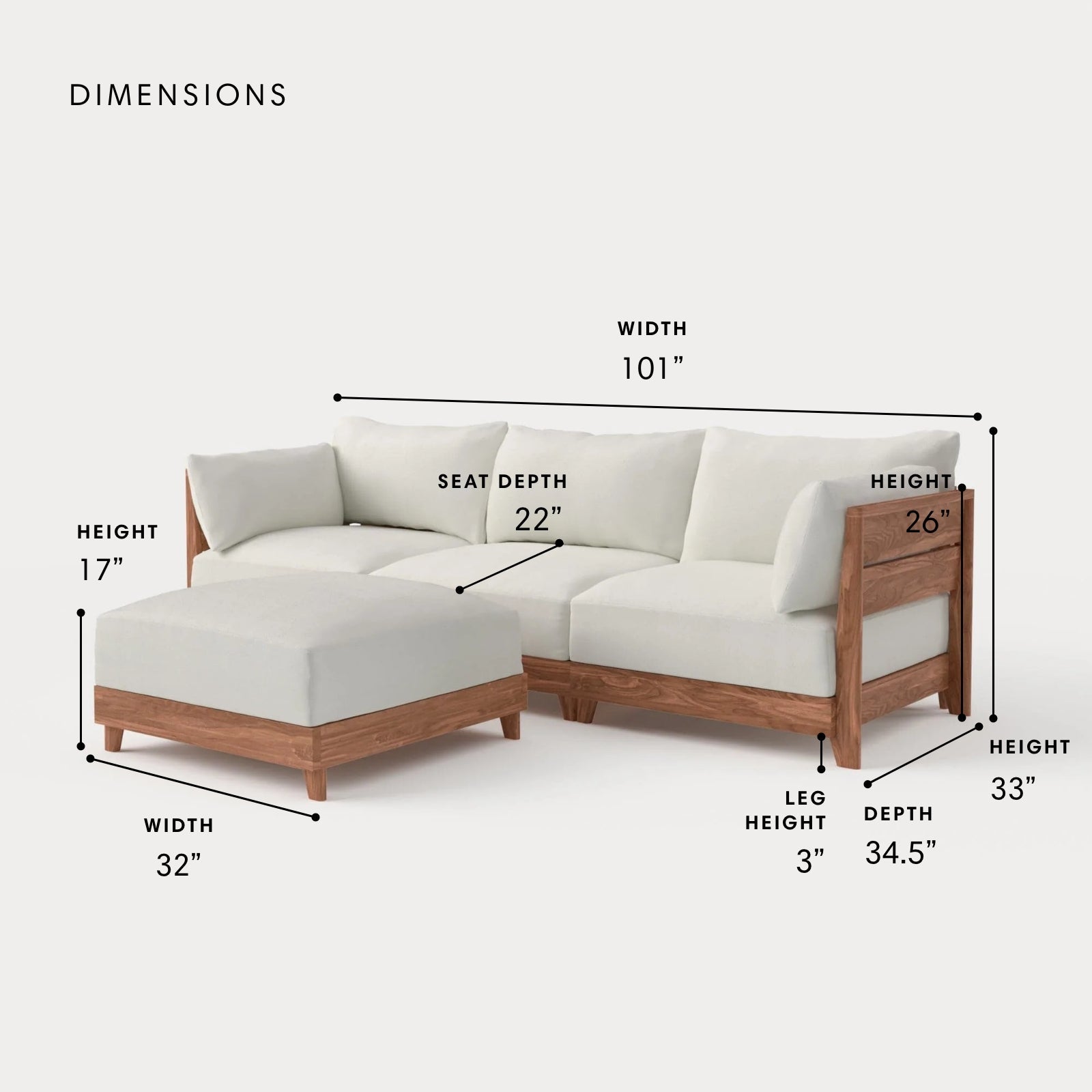 Dwell™ Modular Teak Outdoor Sofa + Ottoman | Classic Canvas in Cloud