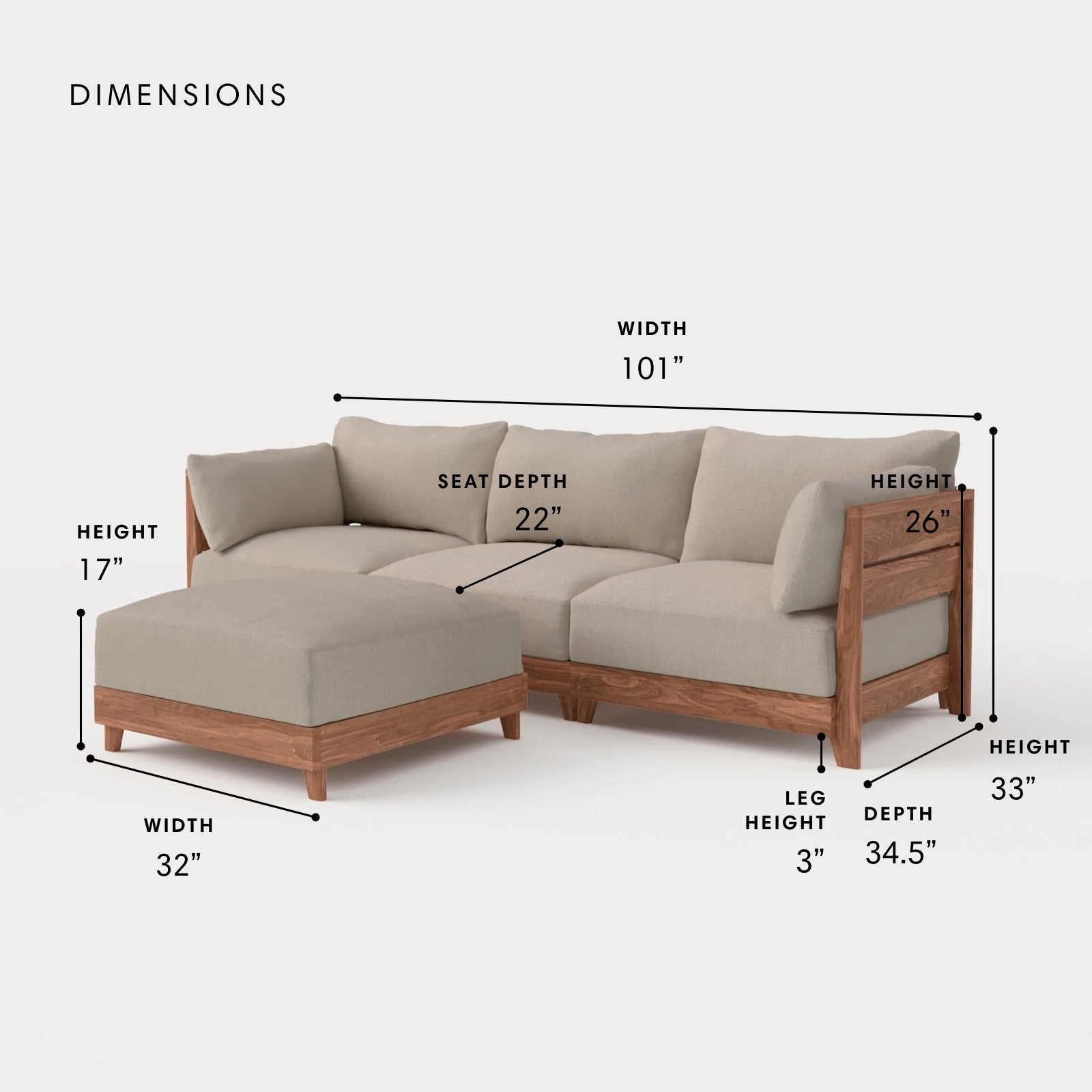 Dwell™ Modular Teak Outdoor Sofa + Ottoman | Classic Canvas in Sand