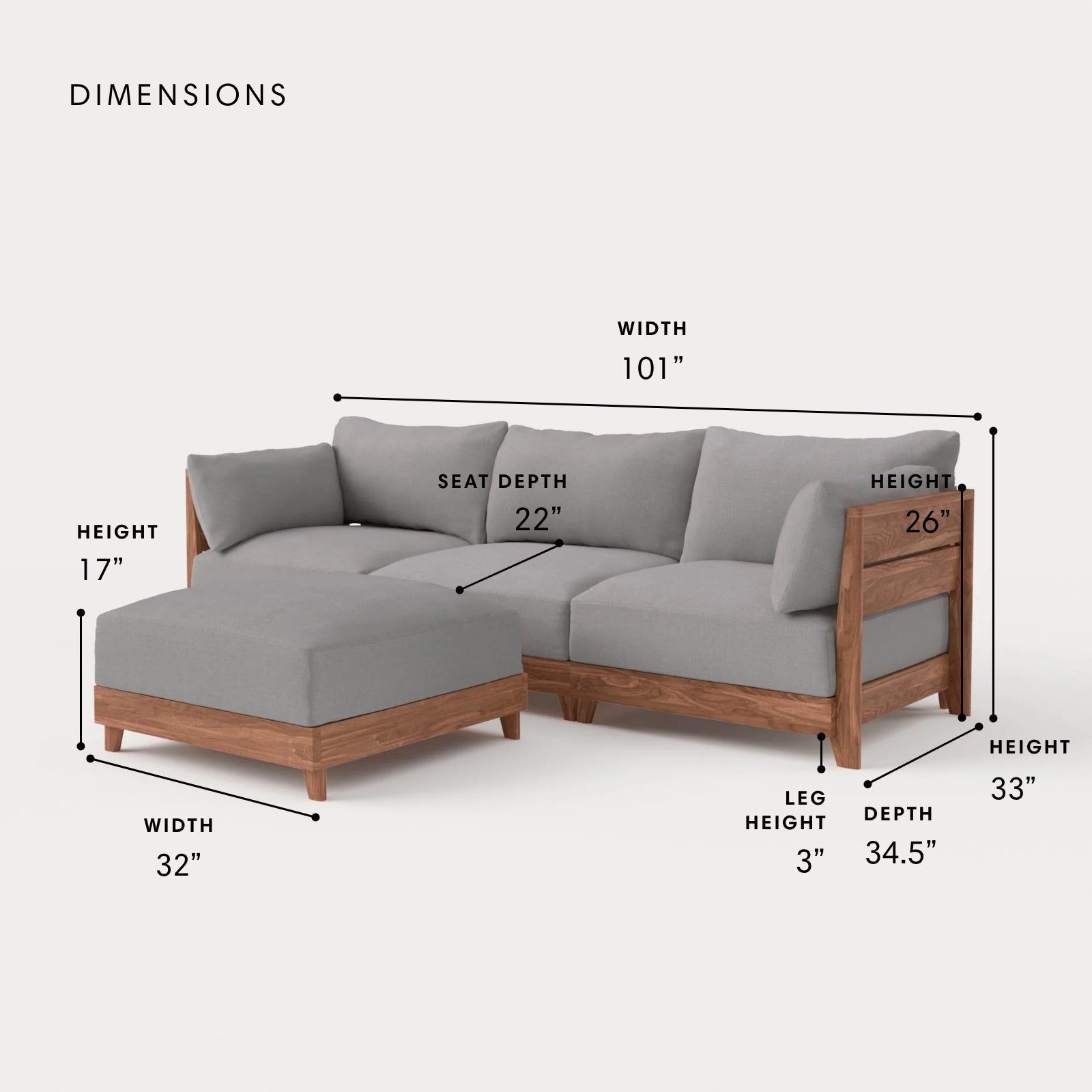 Dwell™ Modular Teak Outdoor Sofa + Ottoman | Classic Canvas in Stone Gray