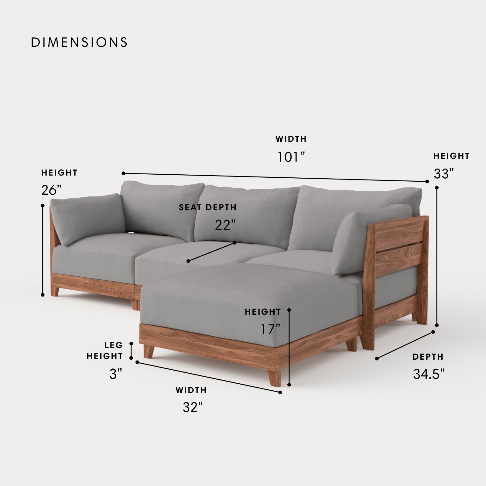 Dwell™ Modular Teak Outdoor Sofa Sectional | Classic Canvas in Stone Gray