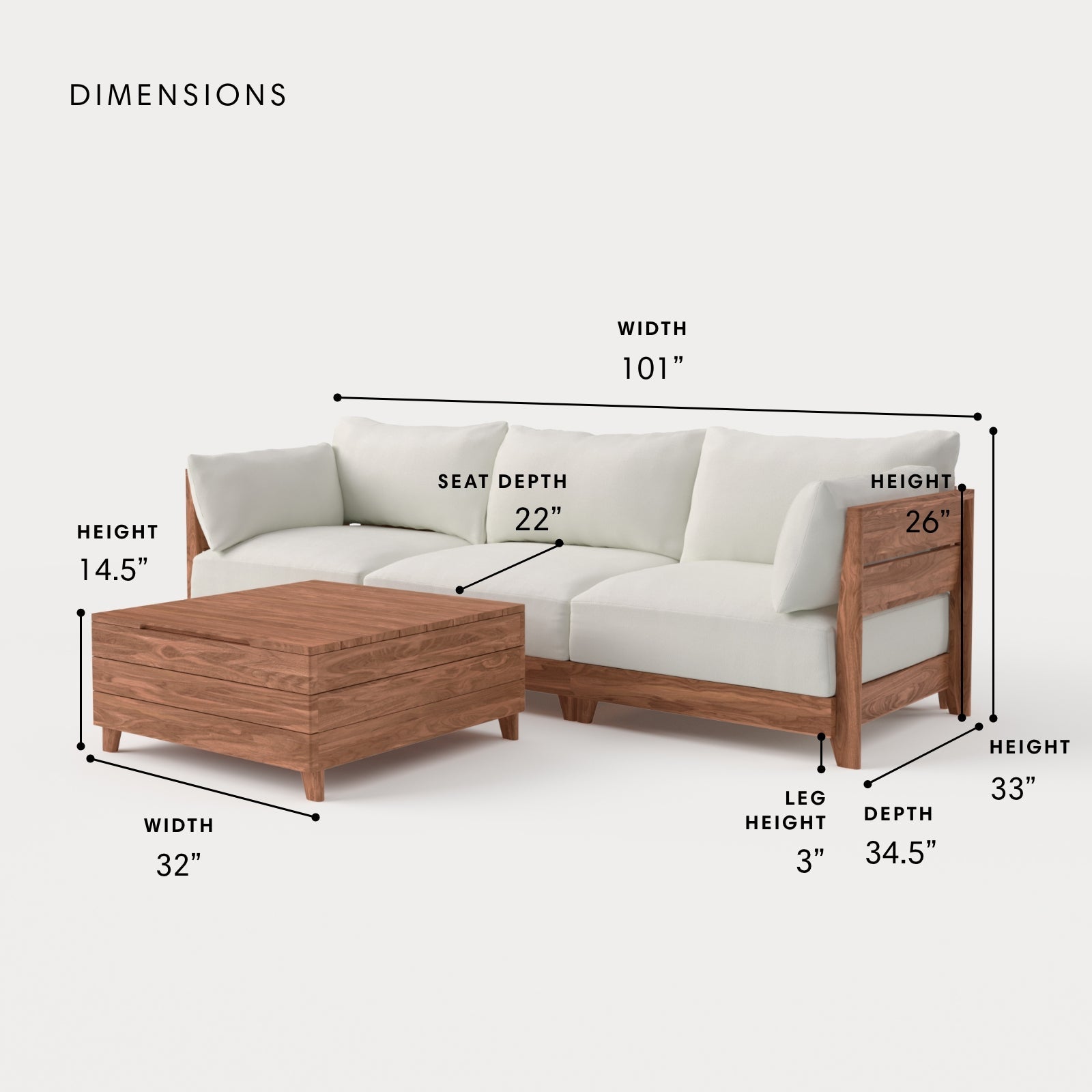 Dwell™ Modular Teak Outdoor Sofa + Storage Coffee Table | Classic Canvas in Cloud