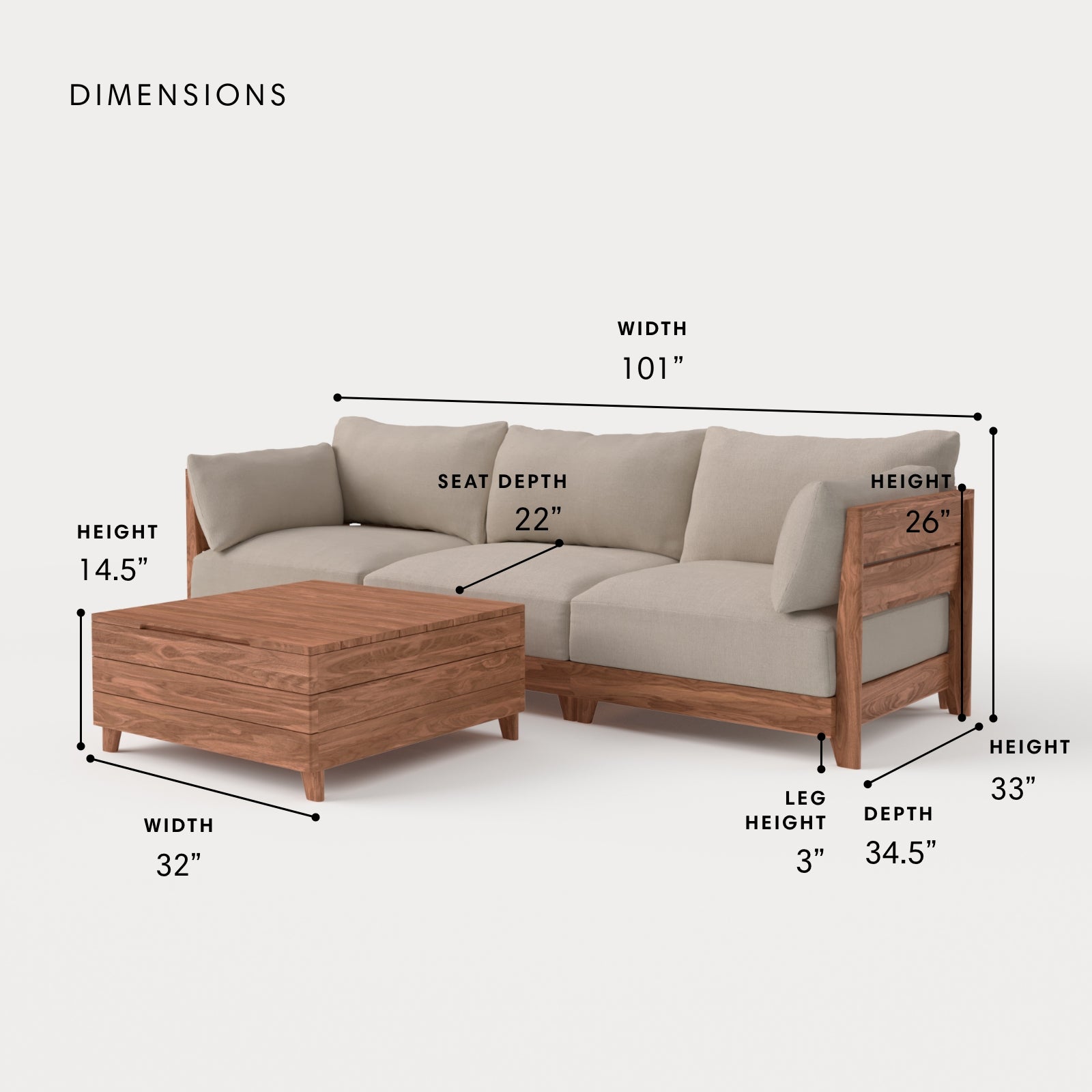 Dwell™ Modular Teak Outdoor Sofa + Storage Coffee Table | Classic Canvas in Sand