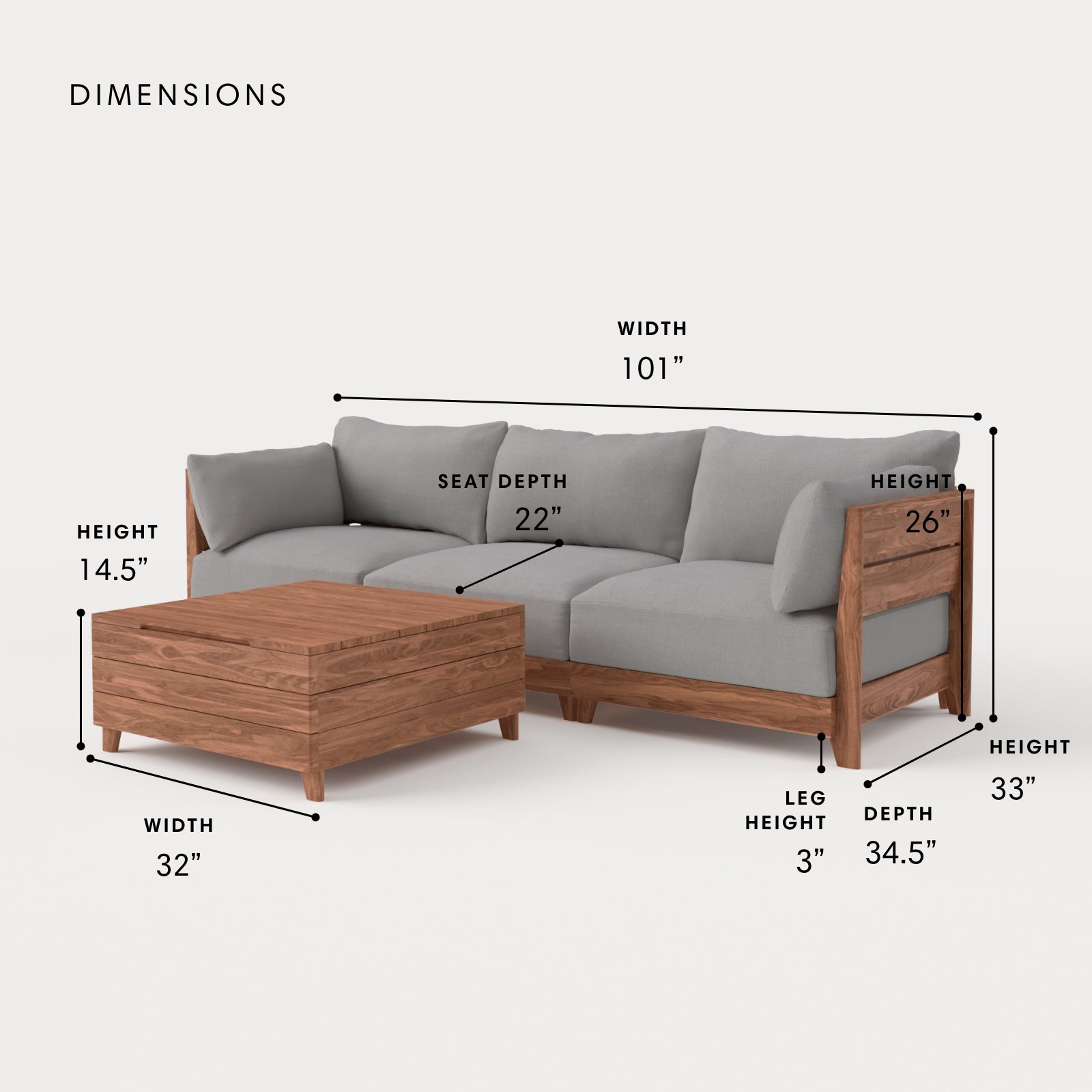 Dwell™ Modular Teak Outdoor Sofa + Storage Coffee Table | Classic Canvas in Stone Gray