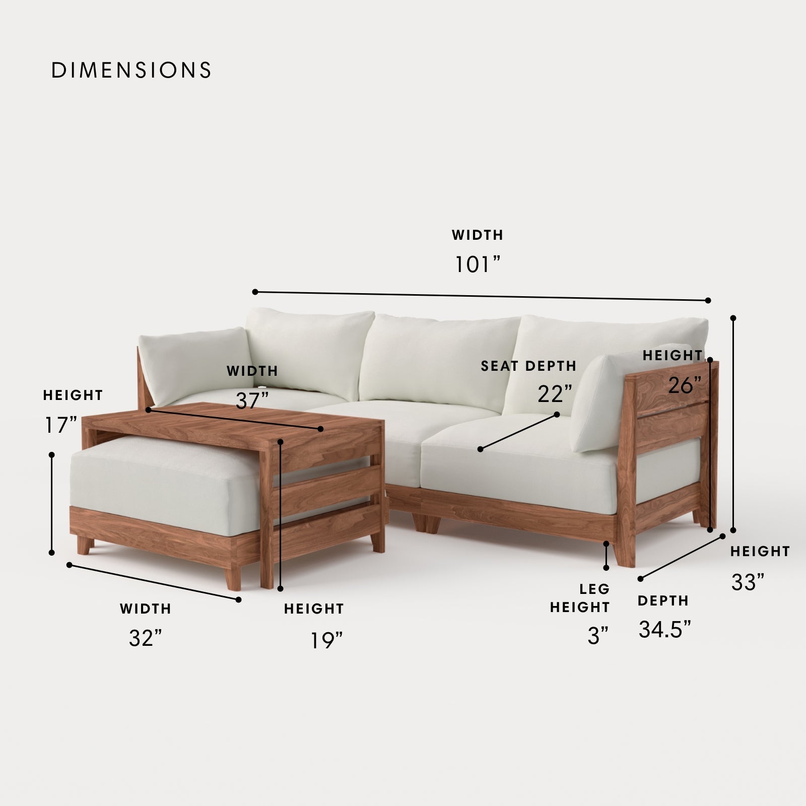 Dwell™ Modular Teak Outdoor Sofa with Ottoman + Side Table  | Classic Canvas in Cloud