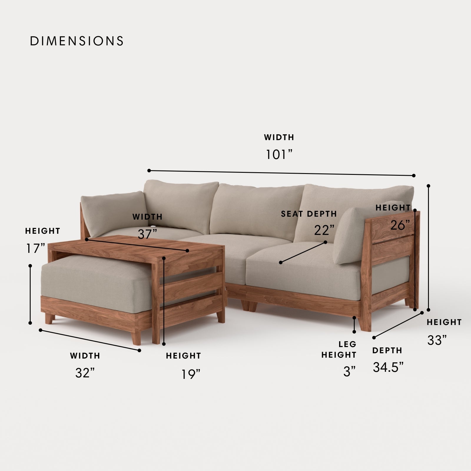 Dwell™ Modular Teak Outdoor Sofa with Ottoman + Side Table  | Classic Canvas in Sand