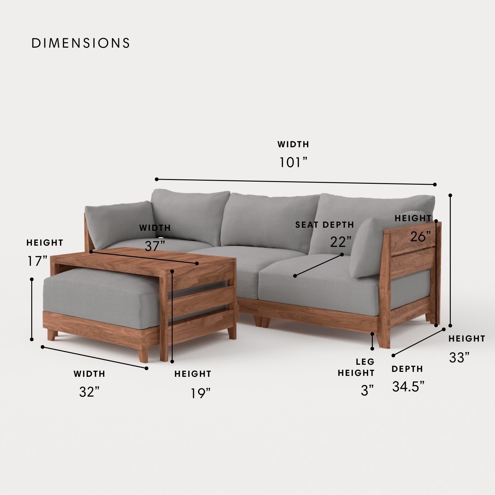 Dwell™ Modular Teak Outdoor Sofa with Ottoman + Side Table  | Classic Canvas in Stone Gray