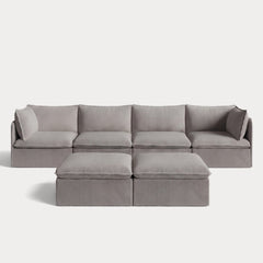 Modular Outdoor Washable 4-Seater + Bench Ottoman | Nano Slubweave in Haze Gray
