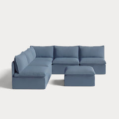 Modular Outdoor Washable 5-Seater Open-Ends Corner Sectional + Ottoman | Classic Canvas in Ocean