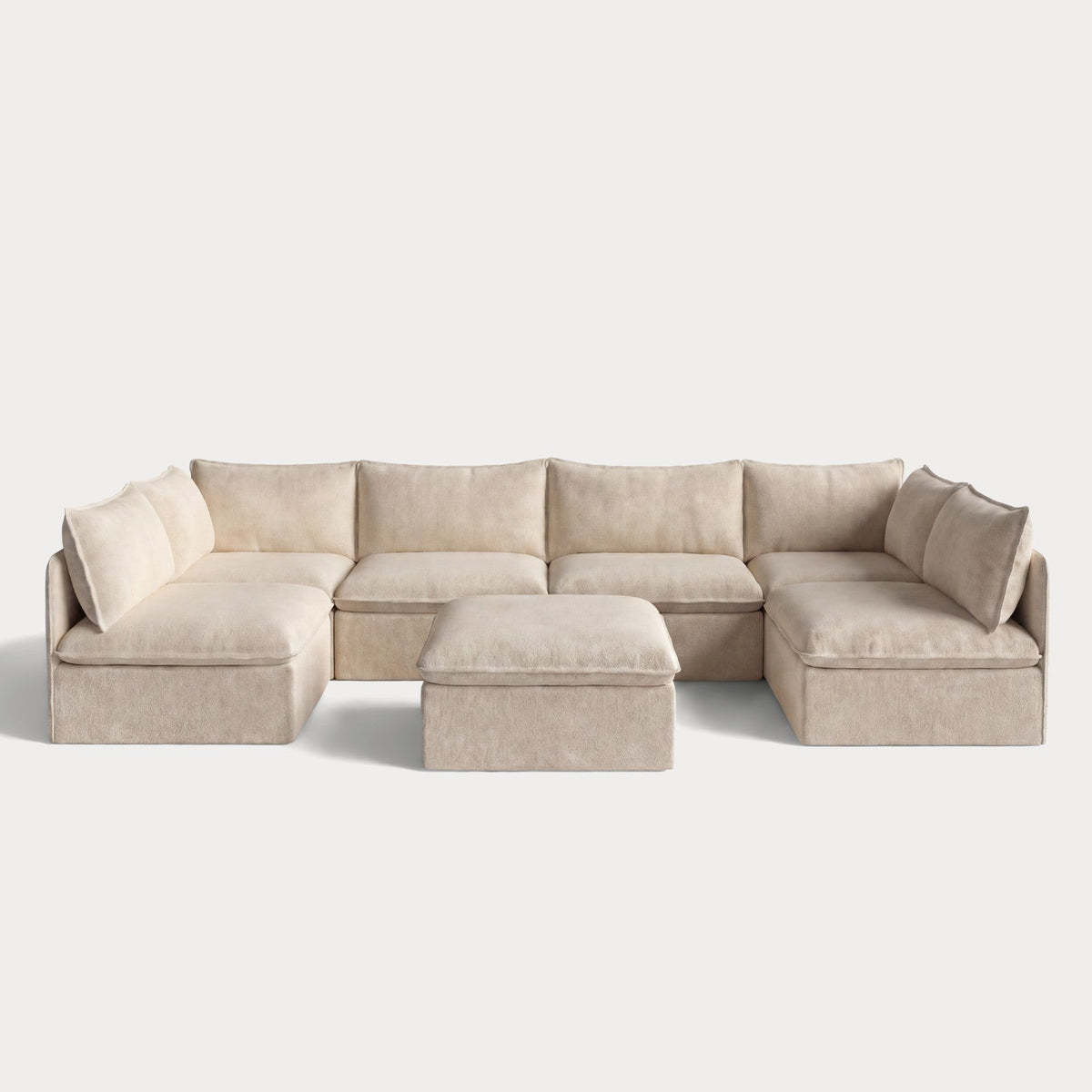 Modular Outdoor Washable 6-Seater Open-Ends U-Sectional + Ottoman | Alfresco Boucle in Cashew