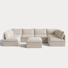 Modular Outdoor Washable 6-Seater Open-Ends U-Sectional + Ottoman | Nano Slubweave in Chai