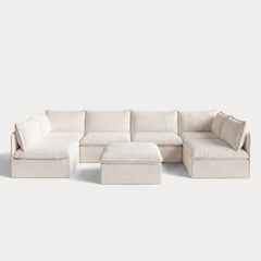 Modular Outdoor Washable 6-Seater Open-Ends U-Sectional + Ottoman | Alfresco Boucle in Creme