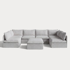Modular Outdoor Washable 6-Seater Open-Ends U-Sectional + Ottoman | Nano Slubweave in Mist