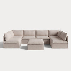 Modular Outdoor Washable 6-Seater Open-Ends U-Sectional + Ottoman | Classic Canvas in Sand