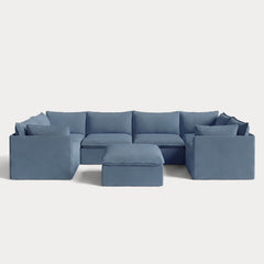 Modular Outdoor Washable 6-Seater U-Sectional + Ottoman | Classic Canvas in Ocean