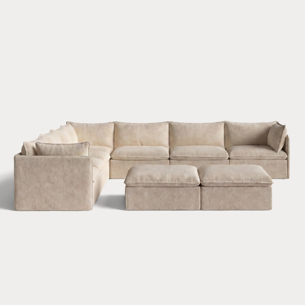 Modular Outdoor Washable 7-Seater Corner Sectional  + Bench Ottoman | Alfresco Boucle in Cashew