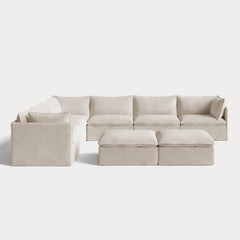 Modular Outdoor Washable 7-Seater Corner Sectional  + Bench Ottoman | Nano Slubweave in Chai