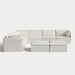 Modular Outdoor Washable 7-Seater Corner Sectional  + Bench Ottoman | Classic Canvas in Cloud