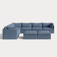 Modular Outdoor Washable 7-Seater Corner Sectional  + Bench Ottoman | Classic Canvas in Ocean