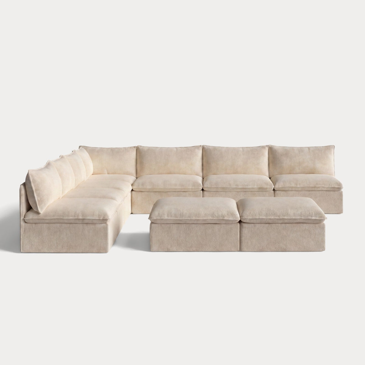 Modular Outdoor Washable 7-Seater Open-Ends Corner Sectional  + Bench Ottoman | Alfresco Boucle in Cashew