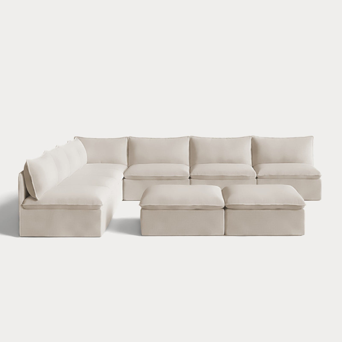 Modular Outdoor Washable 7-Seater Open-Ends Corner Sectional  + Bench Ottoman | Nano Slubweave in Chai