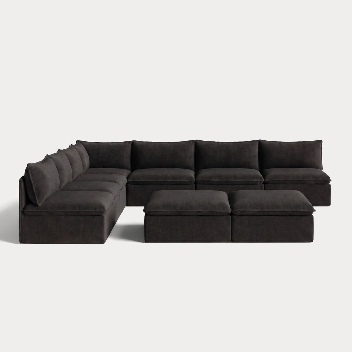 Modular Outdoor Washable 7-Seater Open-Ends Corner Sectional  + Bench Ottoman | Classic Canvas in Charcoal