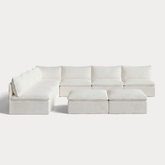 Modular Outdoor Washable 7-Seater Open-Ends Corner Sectional  + Bench Ottoman | Classic Canvas in Cloud