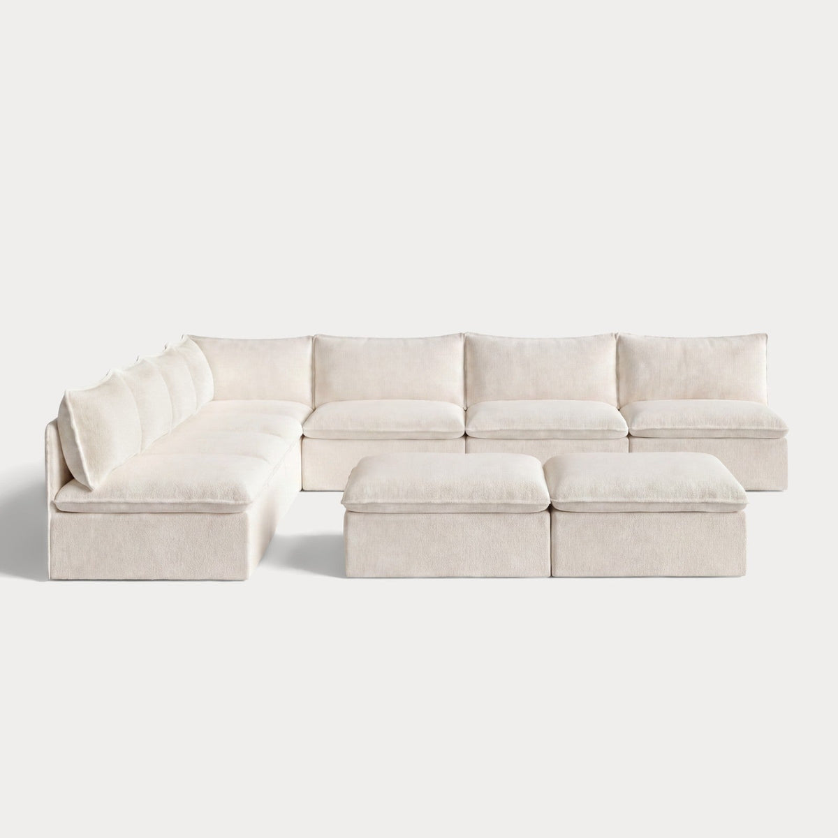 Modular Outdoor Washable 7-Seater Open-Ends Corner Sectional  + Bench Ottoman | Alfresco Boucle in Creme