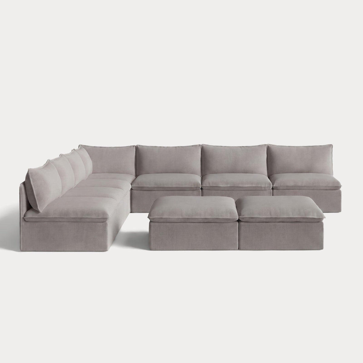 Modular Outdoor Washable 7-Seater Open-Ends Corner Sectional  + Bench Ottoman | Nano Slubweave in Haze Gray