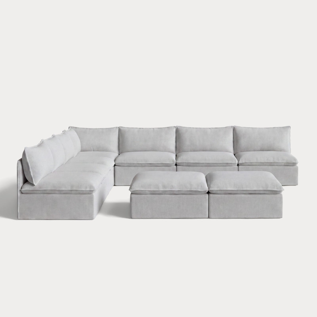 Modular Outdoor Washable 7-Seater Open-Ends Corner Sectional  + Bench Ottoman | Nano Slubweave in Mist