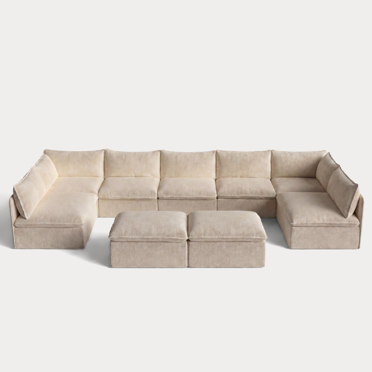 Modular Outdoor Washable 7-Seater Open-Ends U-Sectional + Bench Ottoman | Alfresco Boucle in Cashew