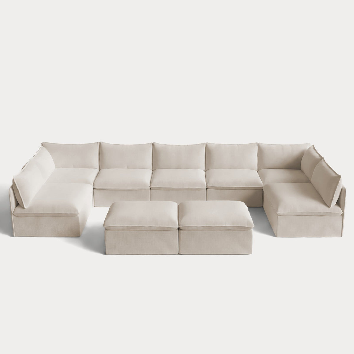 Modular Outdoor Washable 7-Seater Open-Ends U-Sectional + Bench Ottoman | Nano Slubweave in Chai