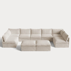 Modular Outdoor Washable 7-Seater Open-Ends U-Sectional + Bench Ottoman | Nano Slubweave in Chai