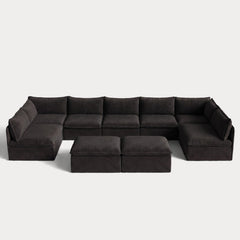 Modular Outdoor Washable 7-Seater Open-Ends U-Sectional + Bench Ottoman | Classic Canvas in Charcoal