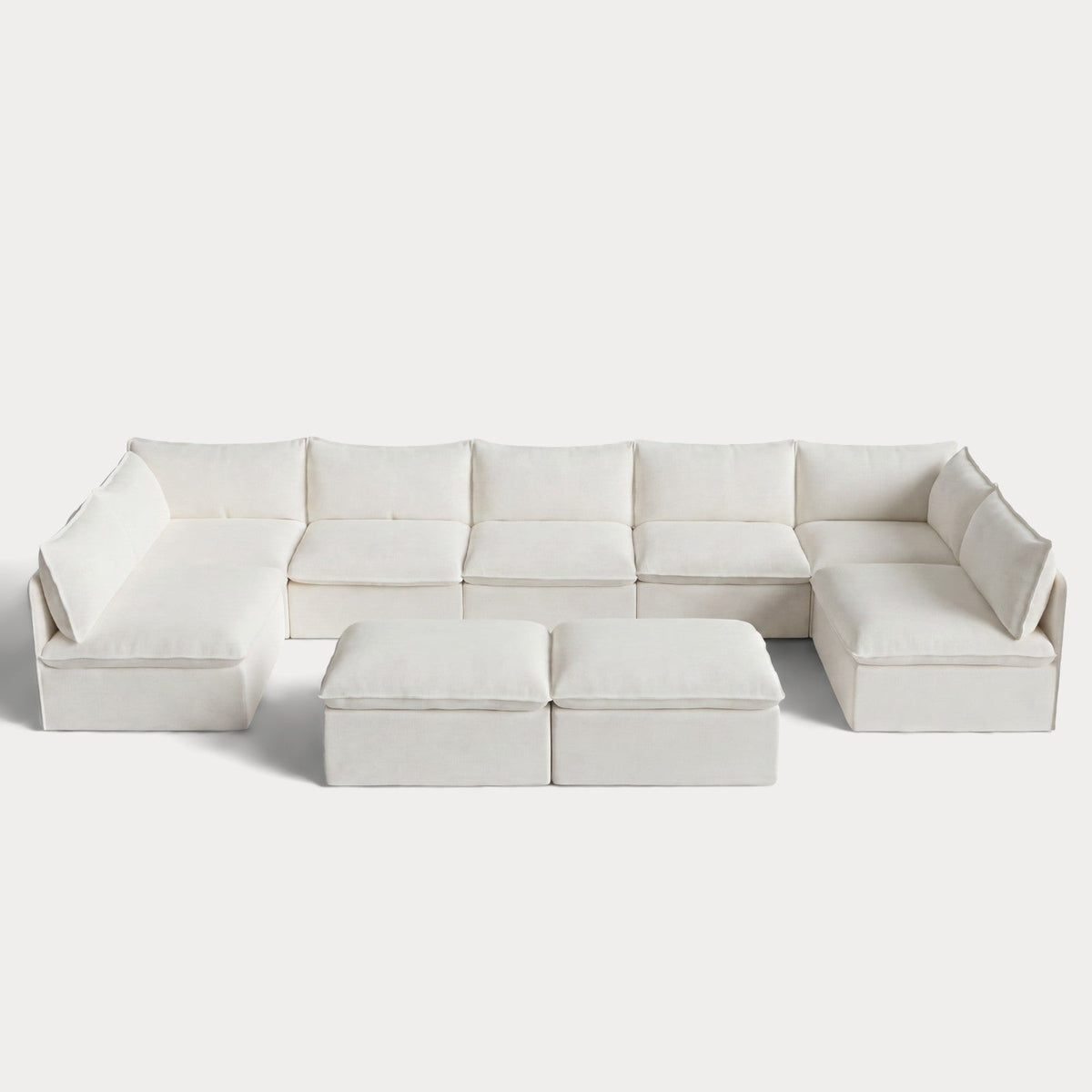 Modular Outdoor Washable 7-Seater Open-Ends U-Sectional + Bench Ottoman | Classic Canvas in Cloud