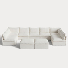 Modular Outdoor Washable 7-Seater Open-Ends U-Sectional + Bench Ottoman | Classic Canvas in Cloud
