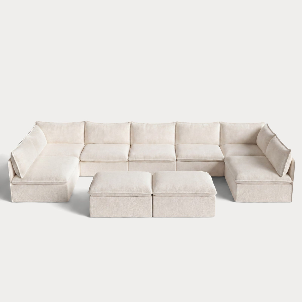 Modular Outdoor Washable 7-Seater Open-Ends U-Sectional + Bench Ottoman | Alfresco Boucle in Creme