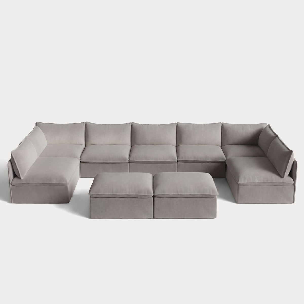 Modular Outdoor Washable 7-Seater Open-Ends U-Sectional + Bench Ottoman | Nano Slubweave in Haze Gray