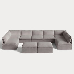 Modular Outdoor Washable 7-Seater Open-Ends U-Sectional + Bench Ottoman | Nano Slubweave in Haze Gray